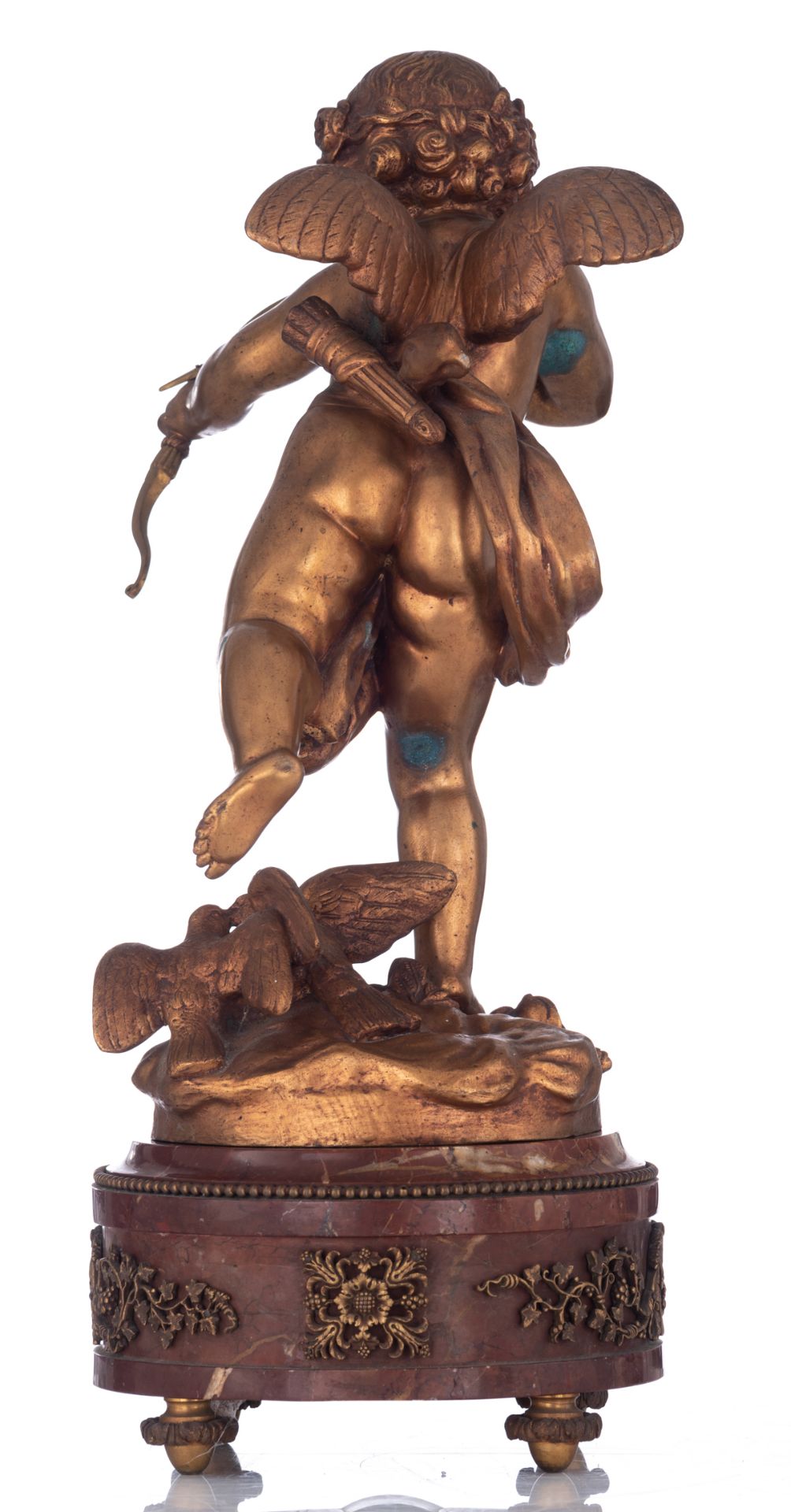 A rouge royal mantle clock, with on top a gilt bronze cupid firing an arrow, signed Houdon, the base - Image 3 of 13
