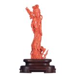 A Chinese late Qing dynasty fine hand-carved red coral sculpture depicting a beauty, on a hardwood b