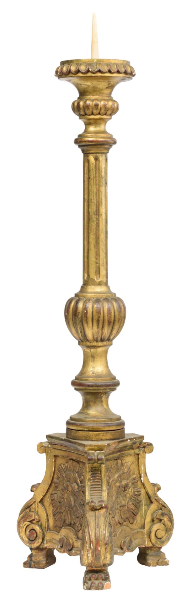 A large gilt wooden Baroque style altar candlestick, H 145 cm
