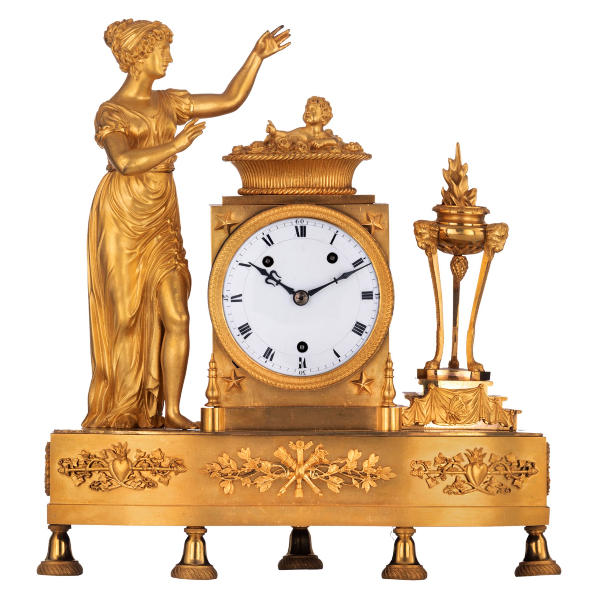 A fine ormolu bronze French Restauration pendulum clock, with on top an allegory on birth, the first