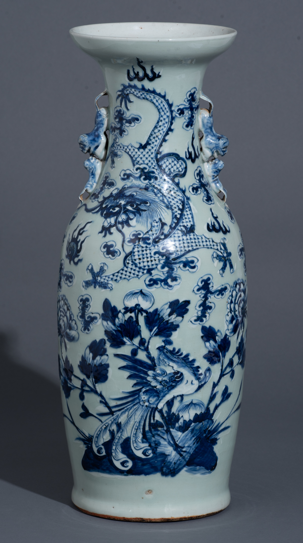 A Chinese celadon vase, blue and white decorated with a dragon and a phoenix, paired with Fu lions, - Image 2 of 8