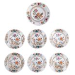 Six Chinese famille rose and gilt decorated export porcelain dishes, enamelled with a flower bundle