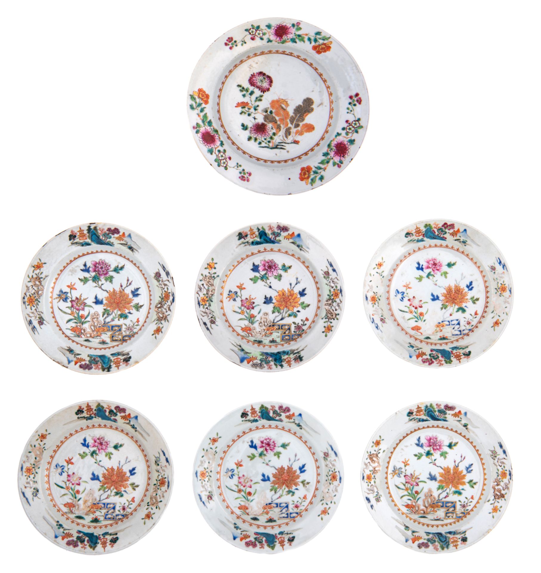 Six Chinese famille rose and gilt decorated export porcelain dishes, enamelled with a flower bundle