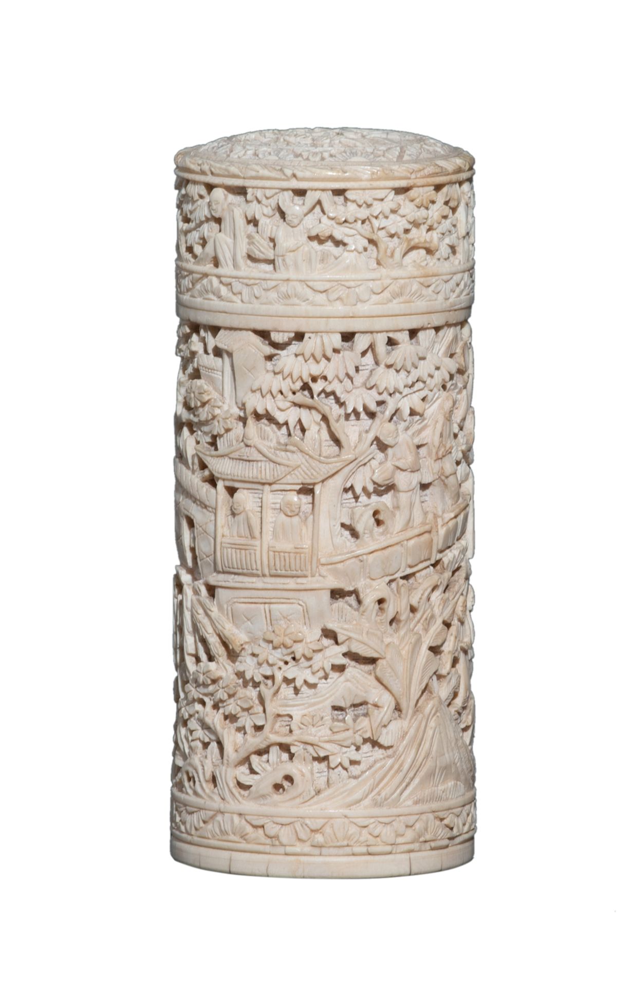 A Chinese Canton ivory cylindrical case and cover, carved in alto relievo with figures, attendants,