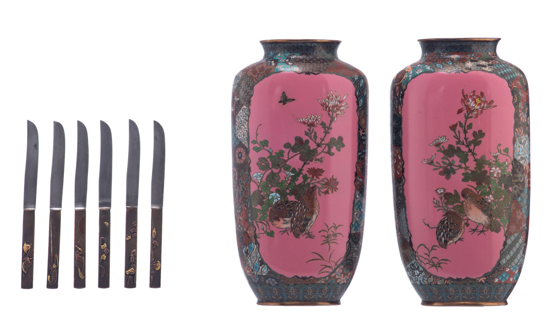Two Japanese cloisonné enamel vases, floral decorated with geometric motives, the panels pink ground