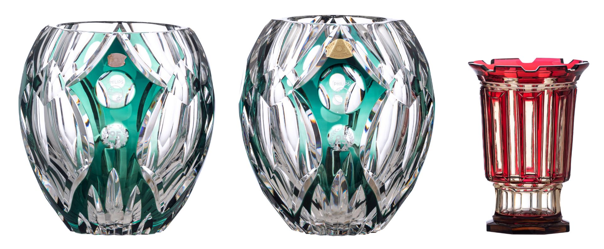 Two crystal cut green overlay Val-Saint-Lambert vases, one dedicated 'In Honour of the 25th annivers