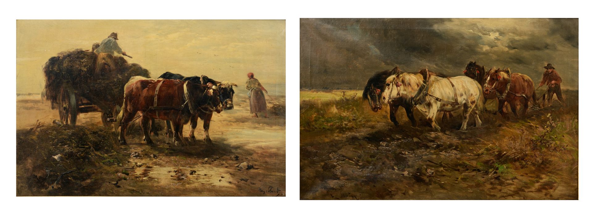 Schouten H., 'horses pulling the plough' and 'the hay wain', oil on canvas, 60 x 90 cm