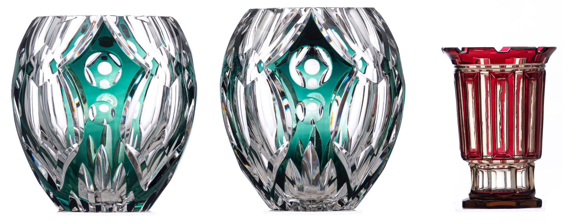 Two crystal cut green overlay Val-Saint-Lambert vases, one dedicated 'In Honour of the 25th annivers - Image 4 of 15