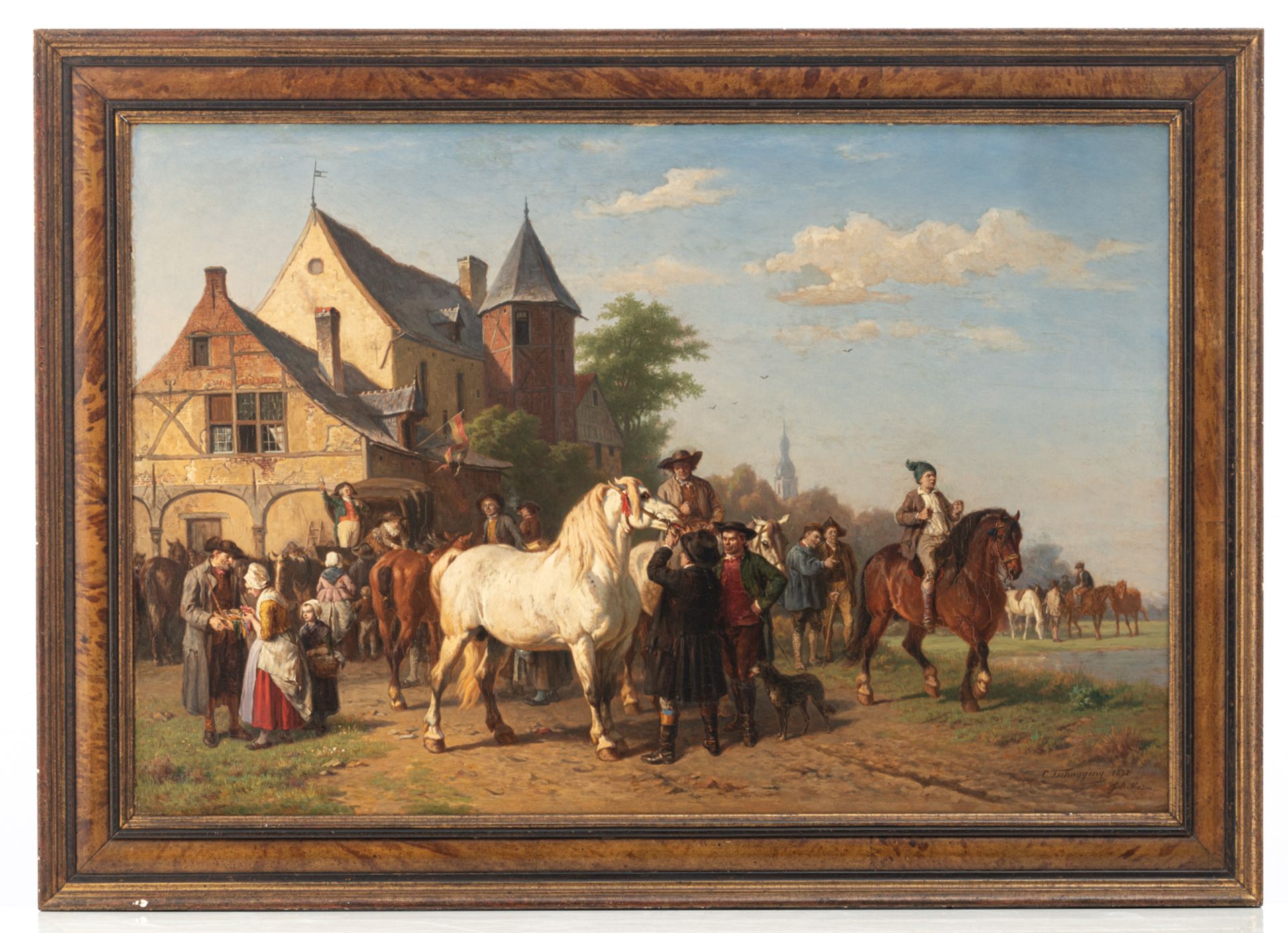 Tschaggeny C. / Madou J.B. dated 1872, horse dealers inspecting the horses at an annual market in a - Image 2 of 4