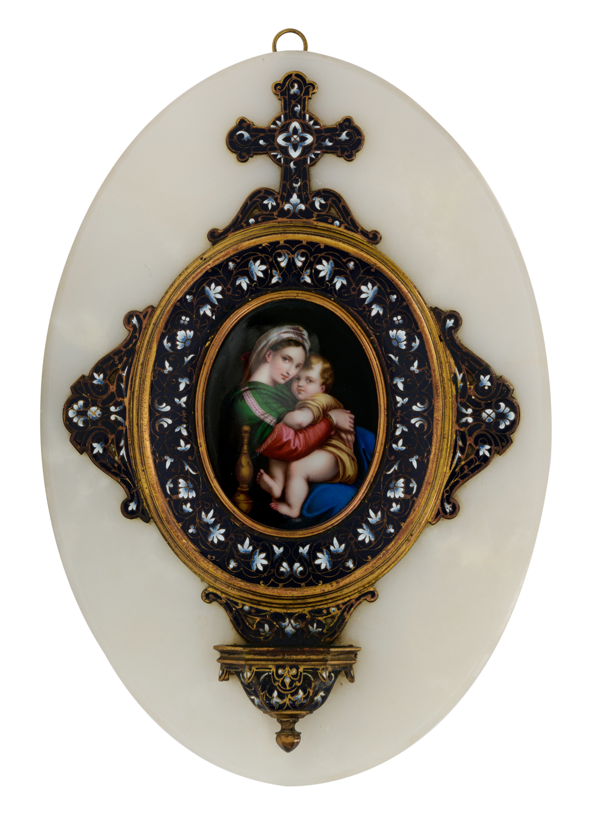 A French champlevé Holy Water font on an onyx marble, with a central hand-painted porcelain plaque,