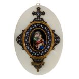 A French champlevé Holy Water font on an onyx marble, with a central hand-painted porcelain plaque,