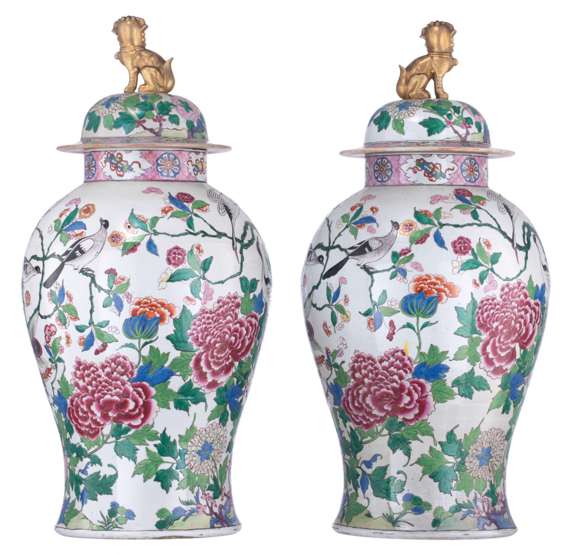 A large pair of covered famille rose Samson vases, decorated with birds and griffons in a floral set - Image 3 of 8