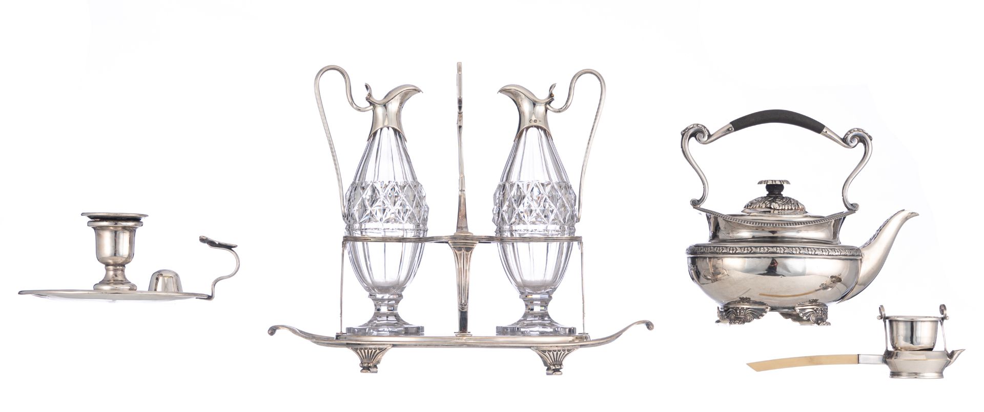 Four 19th & 20thC silver items consisting of an oil and vinegar set with its original cut crystal fl - Image 3 of 18