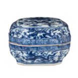 A Chinese Ming style blue and white rectangular box and cover, the top panel decorated with a dragon