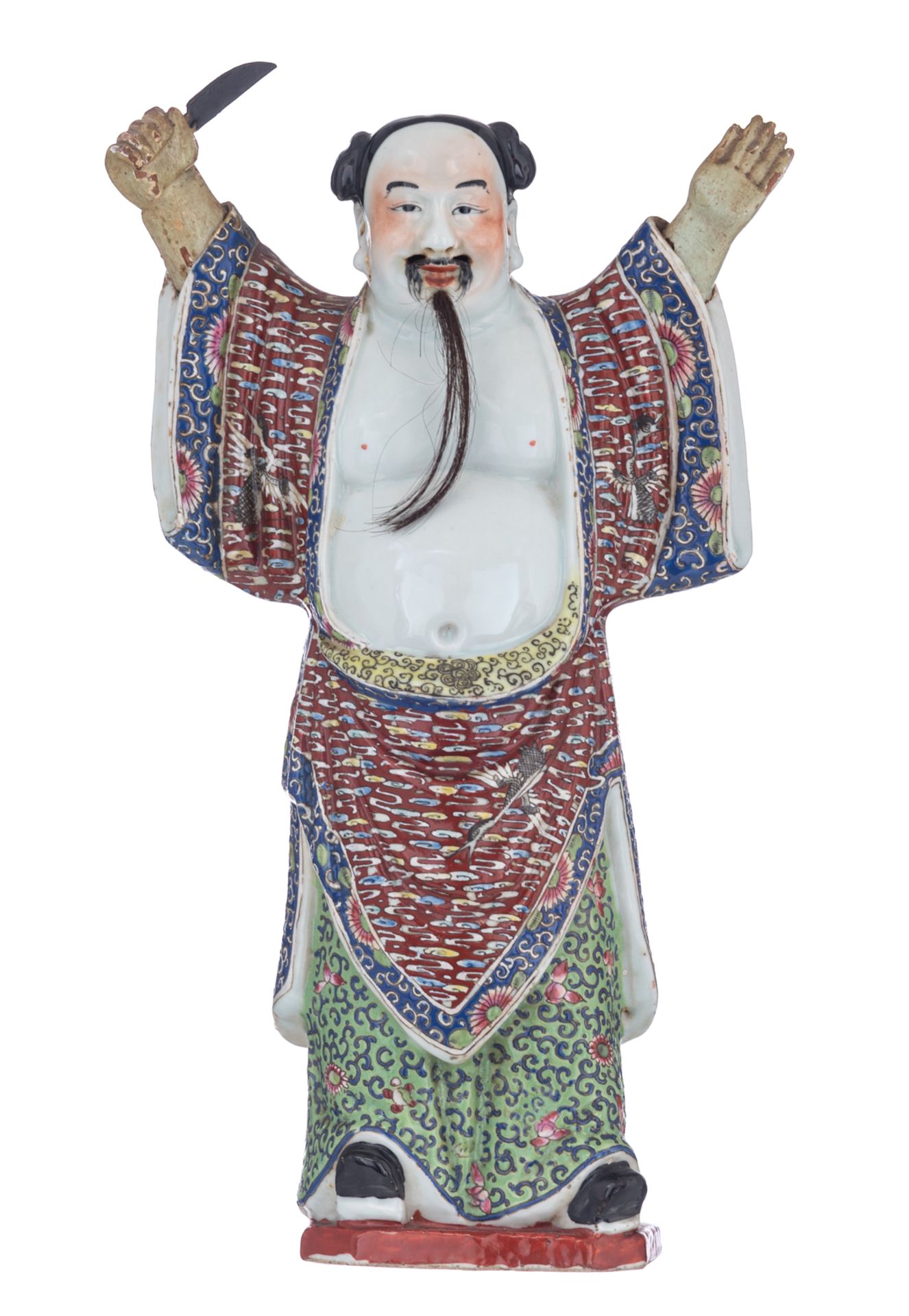 A Chinese famille rose figure of Zhongli Quan, with an impressed four-character mark, 19thC, H 35,5 - Bild 2 aus 9
