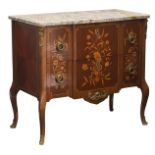 A walnut veneered French Transition style commode, with floral marquetry of cherrywood and mahogany,