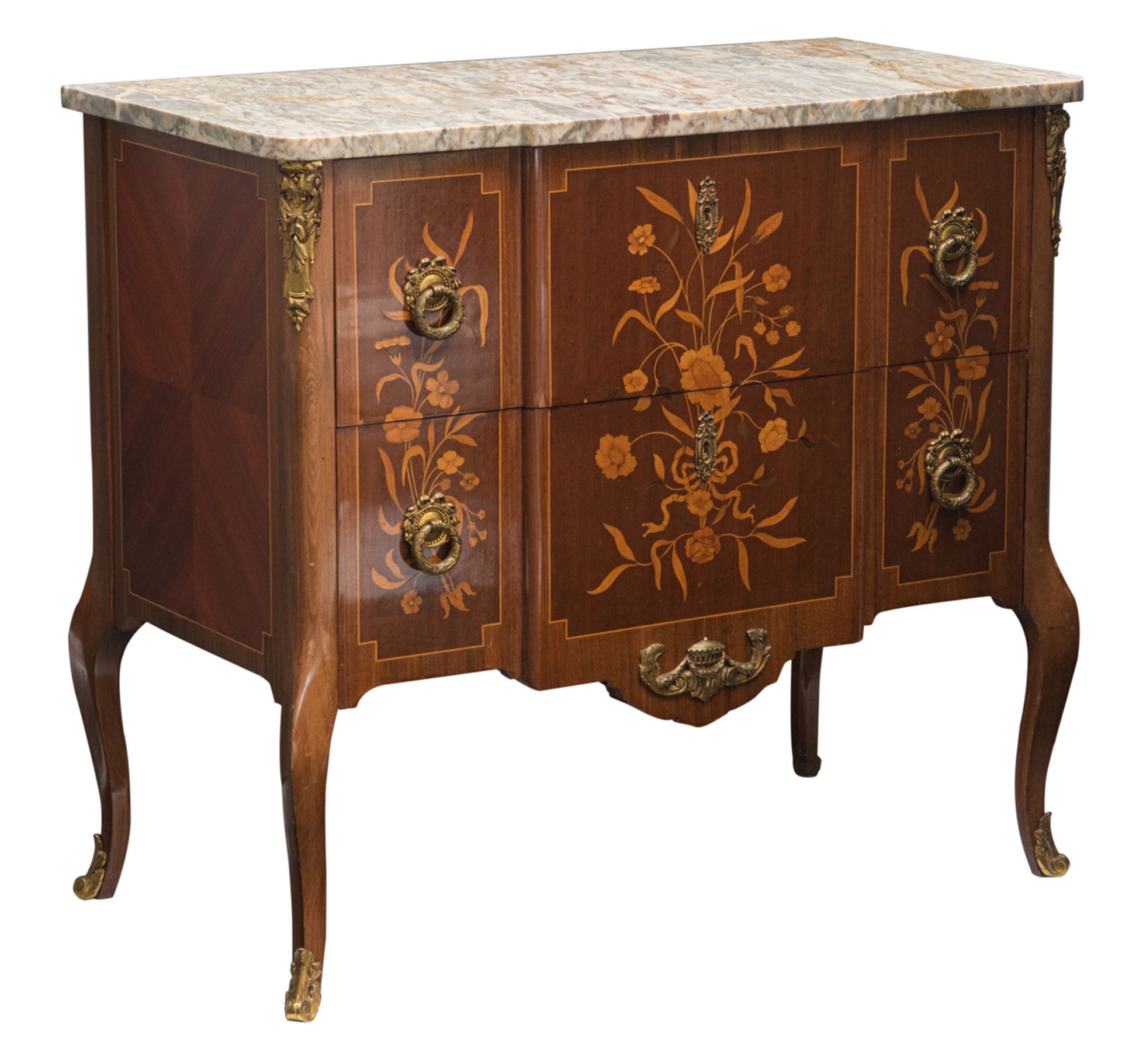 A walnut veneered French Transition style commode, with floral marquetry of cherrywood and mahogany,