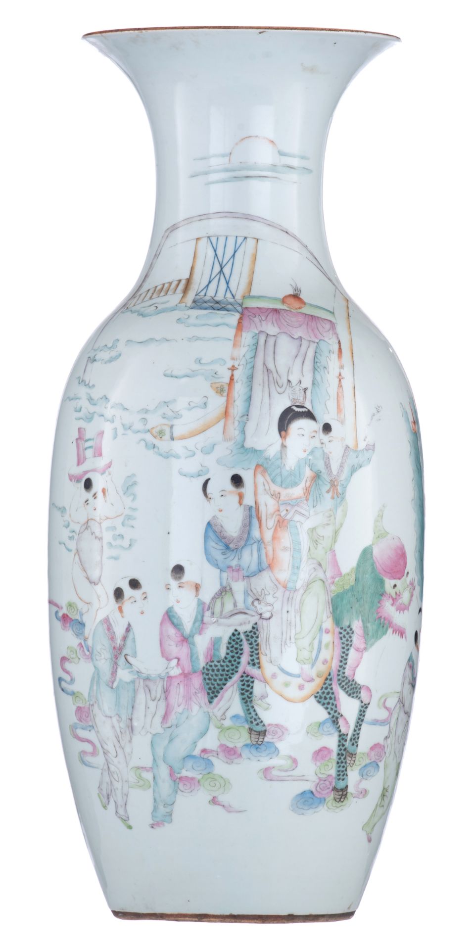 A Chinese famille rose vase, decorated with Guanyin and the qilins bringing the children, the back w