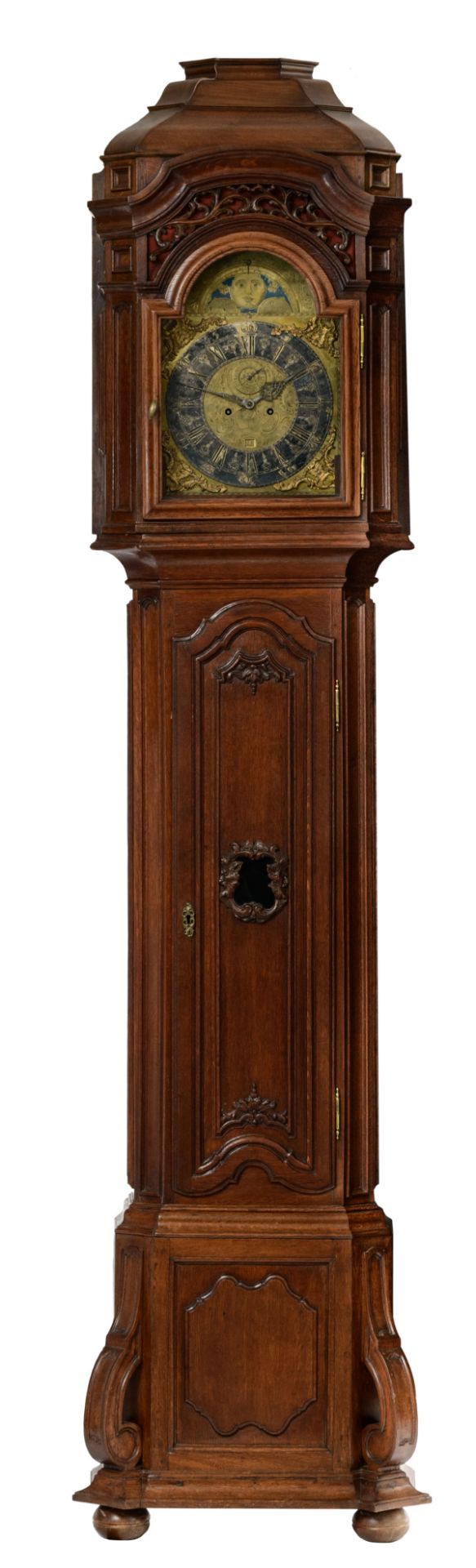 A Rococo richly sculpted oak longcase clock, the dial marked 'Jos. Vervroegen à Anvers', mid 18thC,