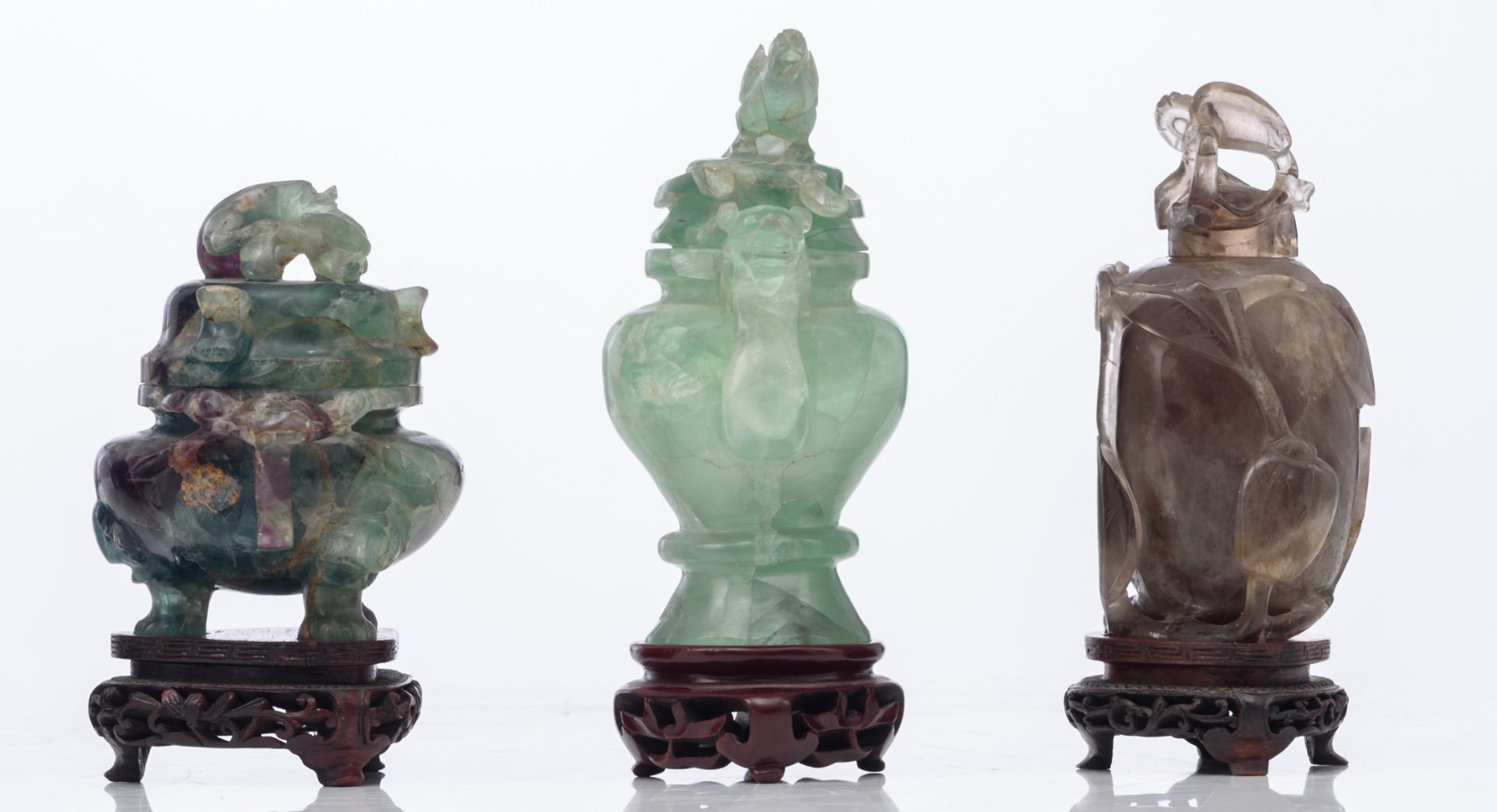Three Chinese carved green jade vases and covers, Qing dynasty; added a Chinese carved smoky quartz - Image 12 of 14
