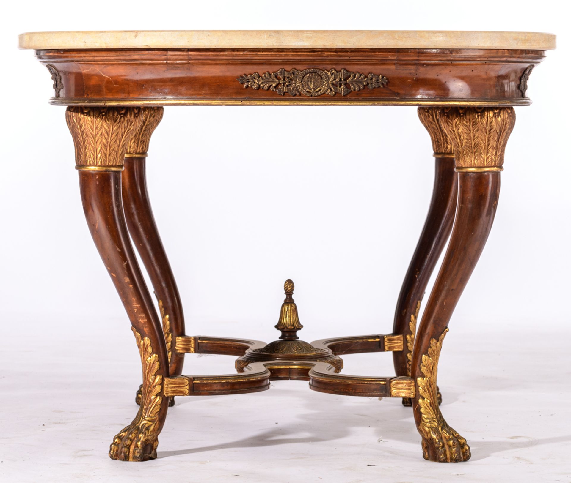 A gilt and mahogany veneered French Restauration style centre table, on claw-and-ball feet, with gil - Image 5 of 6