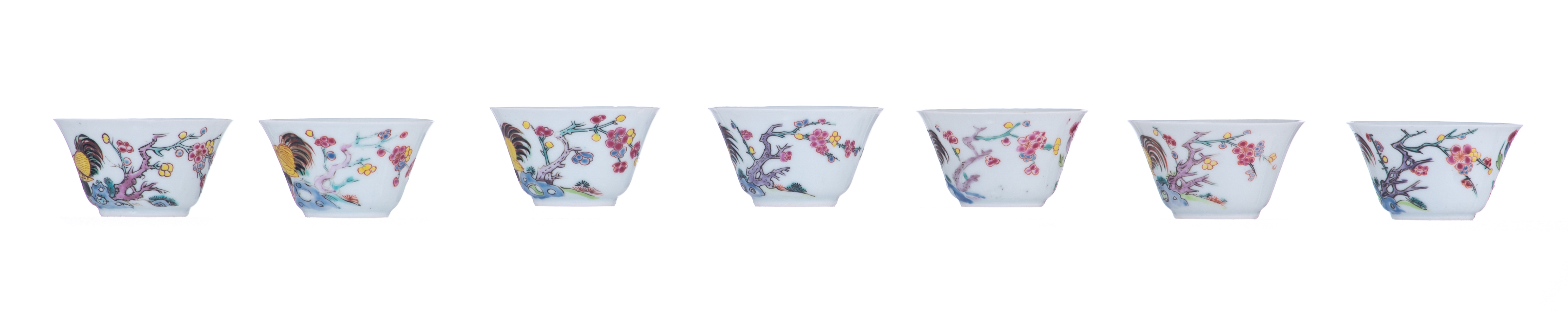 Seven famille rose cups and matching saucers, decorated with a cockerel amidst flower branches, Yong - Image 6 of 8