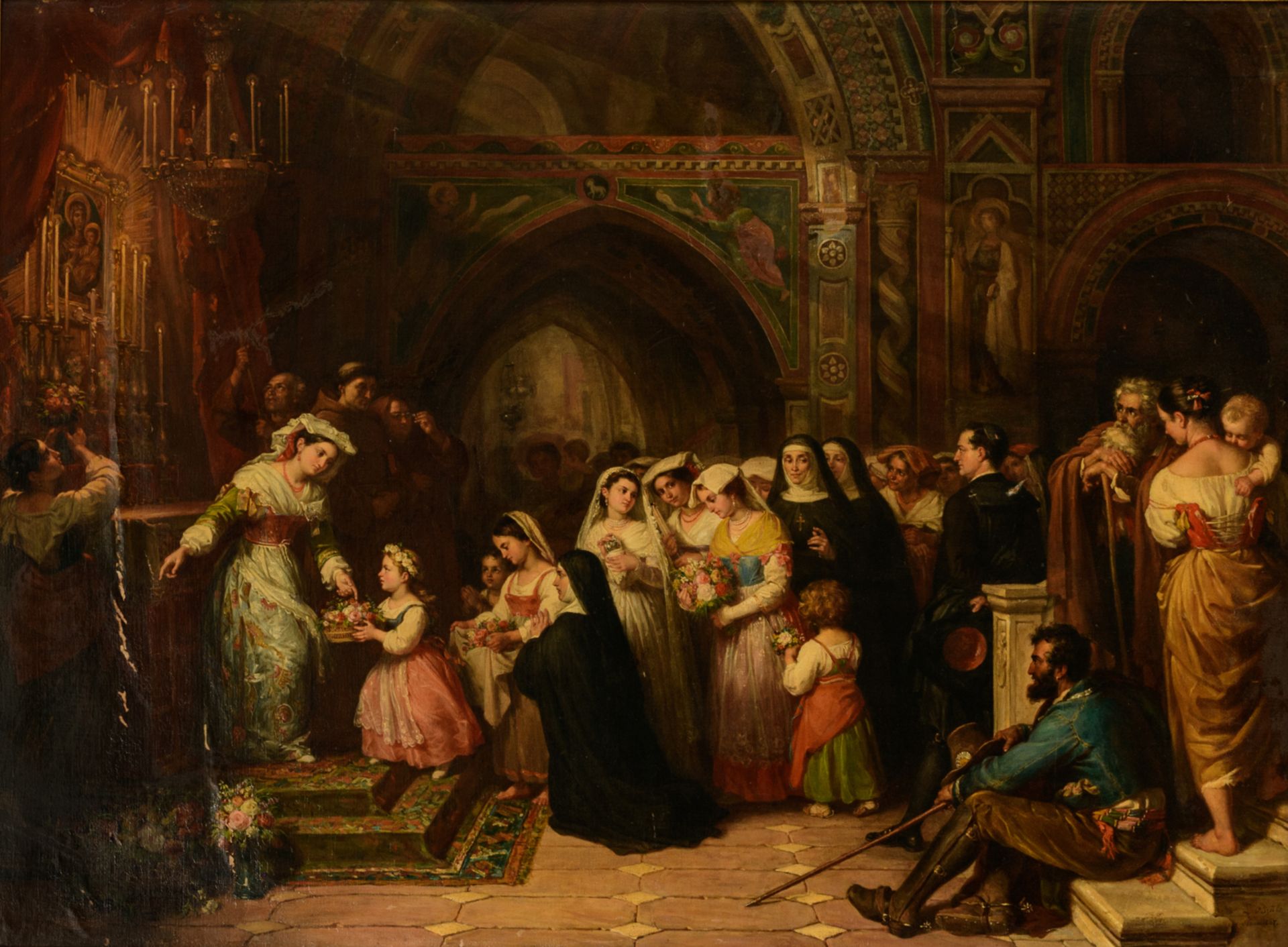 Bruls L., the worship of the Holy Mother in the church, signed and dated 'Rome, 1867', oil on canvas