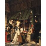 Lagye V., children and their mother visiting a toy seller at a market, a historicizing scene that pe