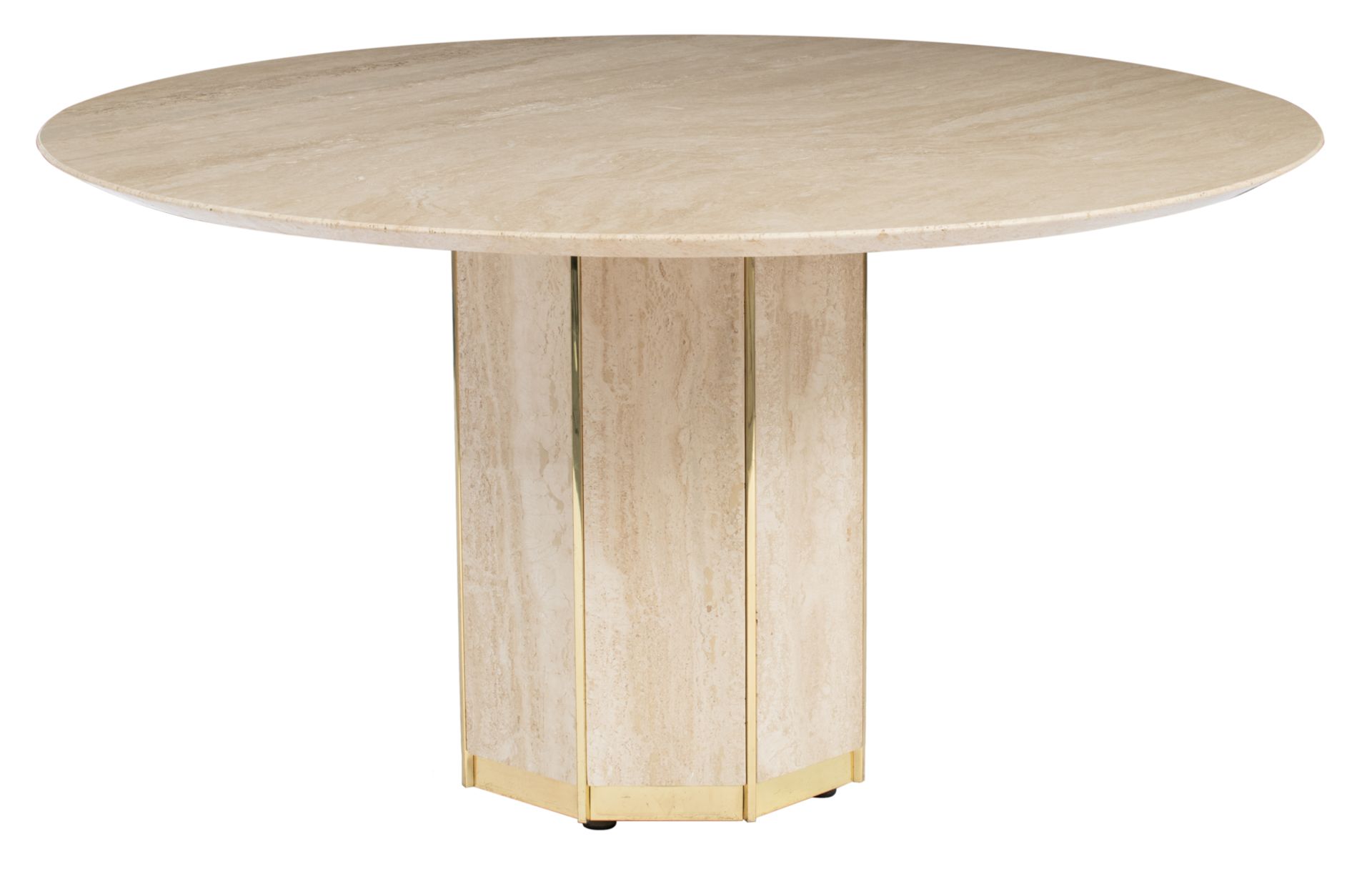 A brass and travertine round dining table, in the manner of Belgo Chrom, H 73 - ø 135,5 cm - Image 2 of 10