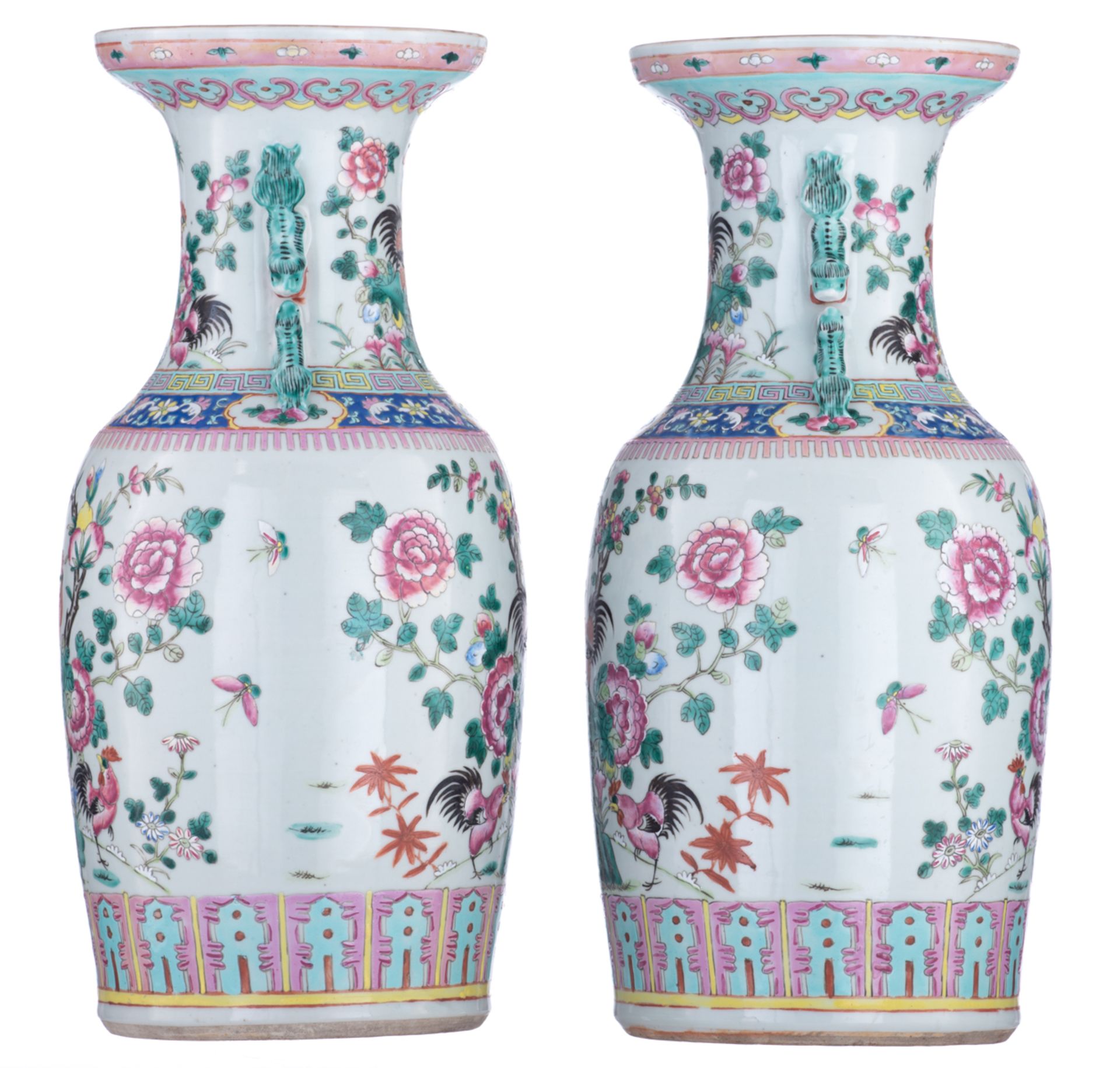 A pair of Chinese famille rose vases, decorated with cockerels under a peach tree, paired with Fu li - Image 4 of 6