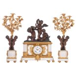 A fine Neoclassical Carrara marble and bronze three-piece mantle clock garniture, the clock decorate