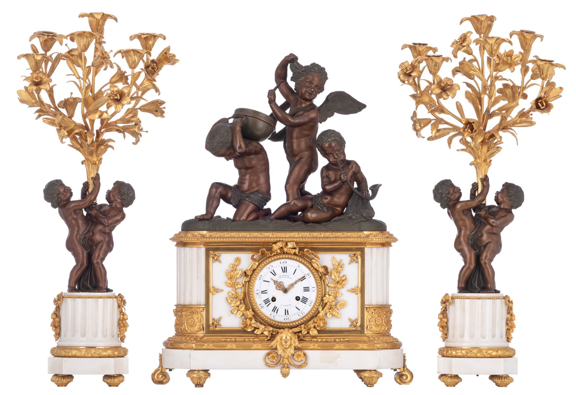 A fine Neoclassical Carrara marble and bronze three-piece mantle clock garniture, the clock decorate