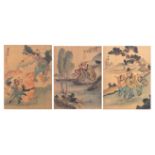 Three Chinese late Qing period gouache paintings on textile, depicting twice an elderly man accompan