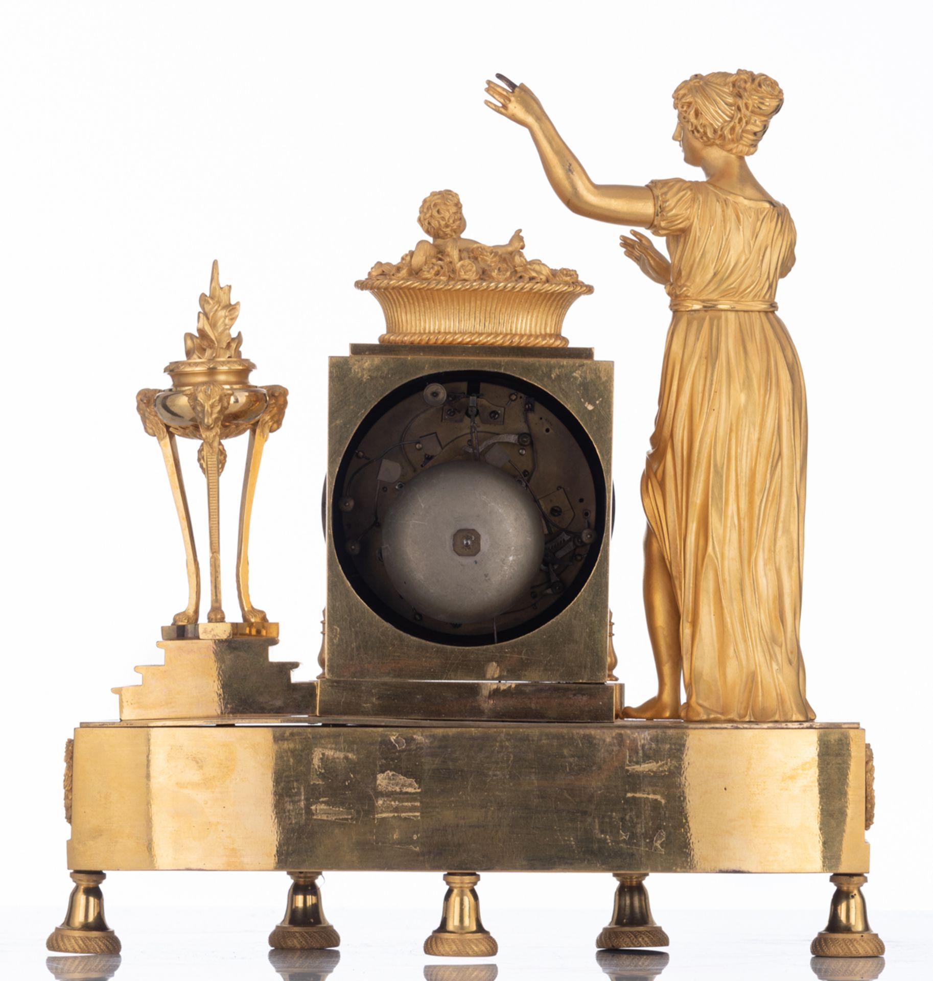 A fine ormolu bronze French Restauration pendulum clock, with on top an allegory on birth, the first - Image 3 of 9