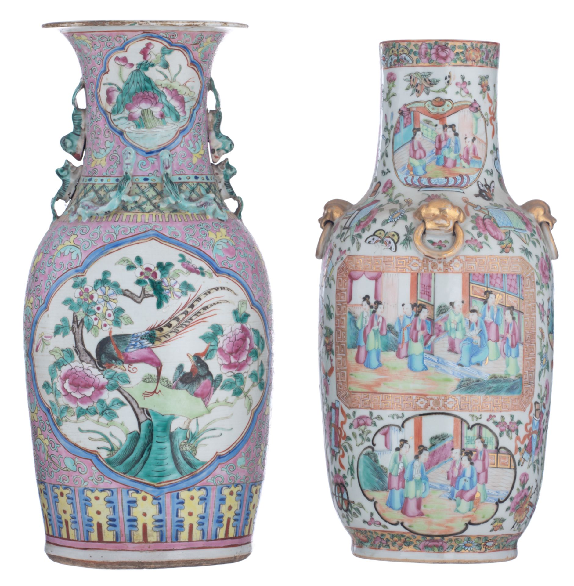 A Chinese Canton famille rose floral decorated vase, the panels with animated scenes with figures; a - Bild 3 aus 7