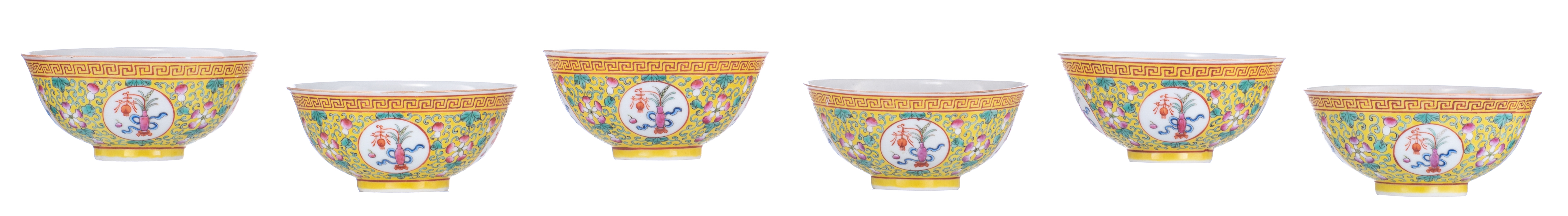 Six Chinese yellow ground famille rose floral decorated bowls, the panels with flower vases, the ins - Image 3 of 8