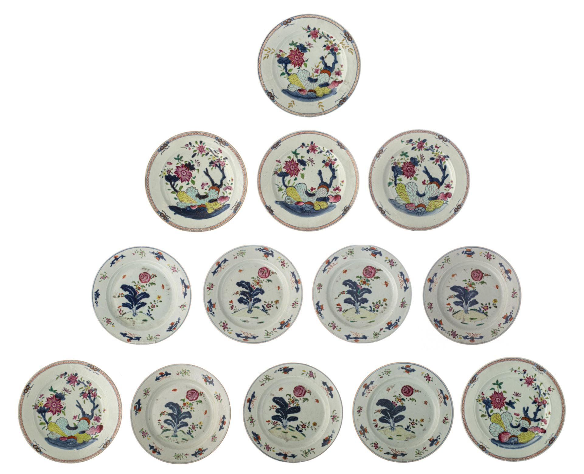 Seven Chinese famille rose floral decorated dishes; added six ditto dishes, the centre with butterfl