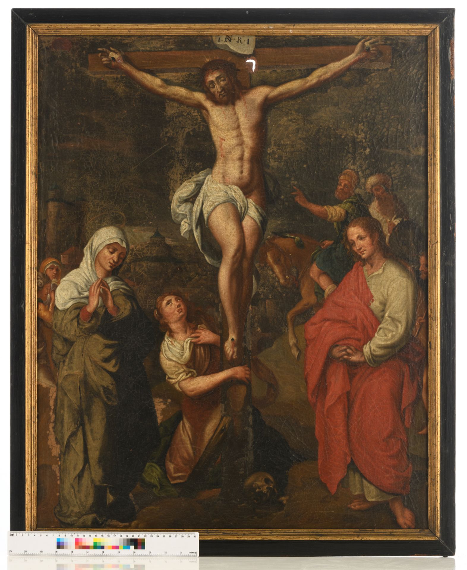 No visible signature, a Golgotha, oil on canvas, 17thC, former collection Hospital Sisters of St. Jo - Image 4 of 4