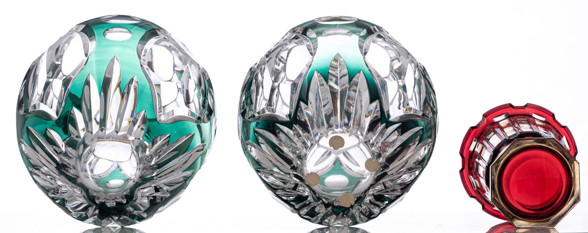Two crystal cut green overlay Val-Saint-Lambert vases, one dedicated 'In Honour of the 25th annivers - Image 7 of 15