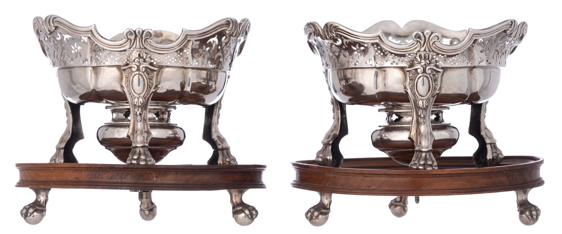 A pair of probably French 18thC Regence style silver table stoves marked with undefined hallmarks, s - Image 2 of 8