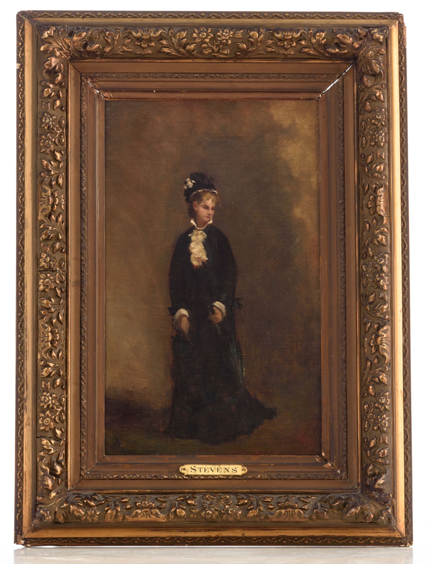 No visible signature (attributed to Stevens A.), an elegant lady, oil on canvas, 26 x 42 cm - Image 2 of 5