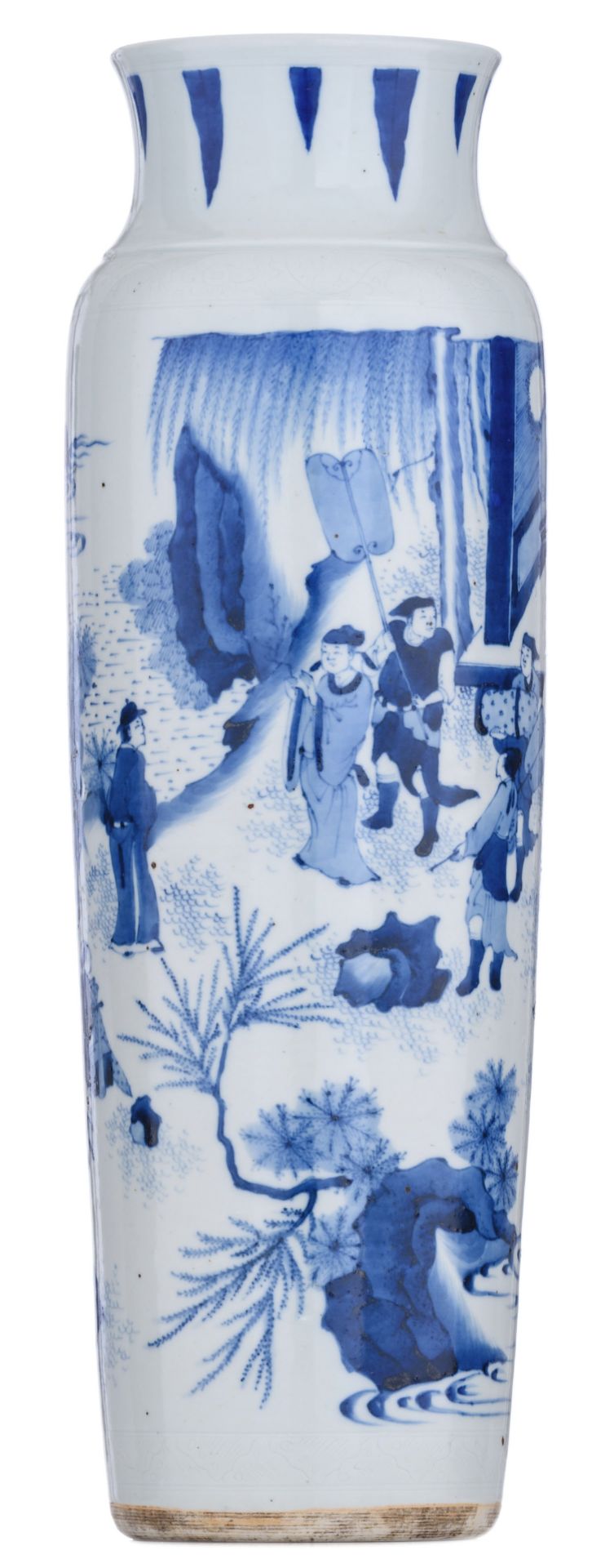 A Chinese Transitional period blue and white cylindrical vase with incised details, decorated with a - Image 2 of 22