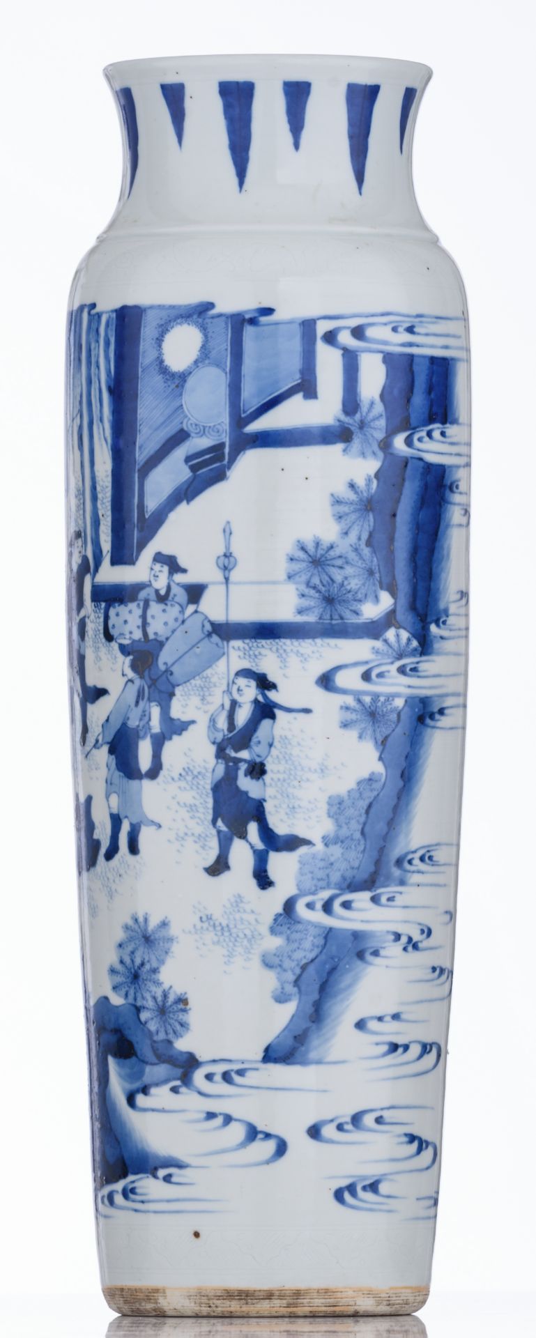A Chinese Transitional period blue and white cylindrical vase with incised details, decorated with a - Image 6 of 22
