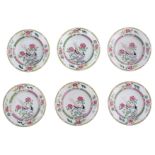 Six Chinese famille rose deep dishes, the centre decorated with birds and flowers, 18thC, ø 23 cm