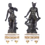 A fine pair of patinated bronze figures on a Neoclassical Carrara marble base with gilt bronze mount