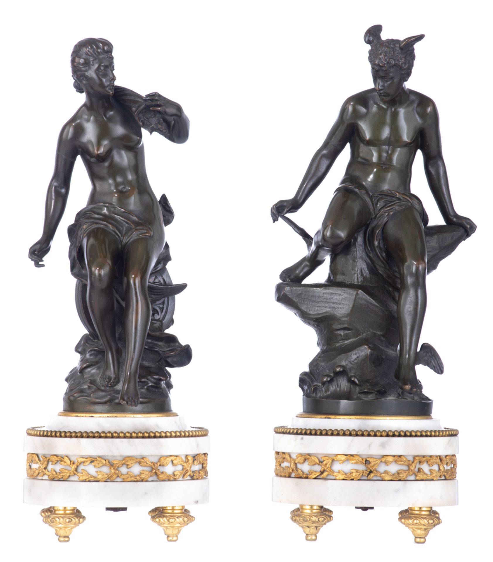 A fine pair of patinated bronze figures on a Neoclassical Carrara marble base with gilt bronze mount