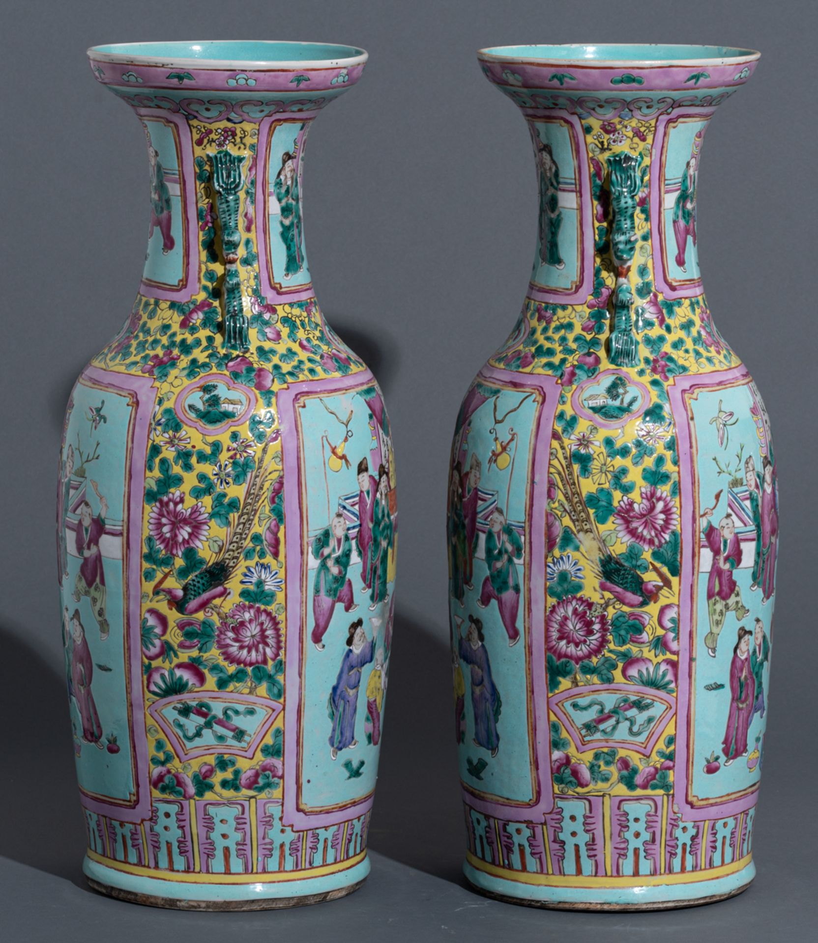A pair of Chinese yellow and pale blue ground floral decorated famille rose vases, the panels with s - Image 6 of 8