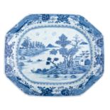 A large Chinese Nanking blue and white export porcelain octagonal plate, decorated with a river land