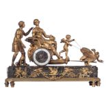 A fine gilt bronze and vert de mer marble Empire style mantle clock, with on top Venus and her chari