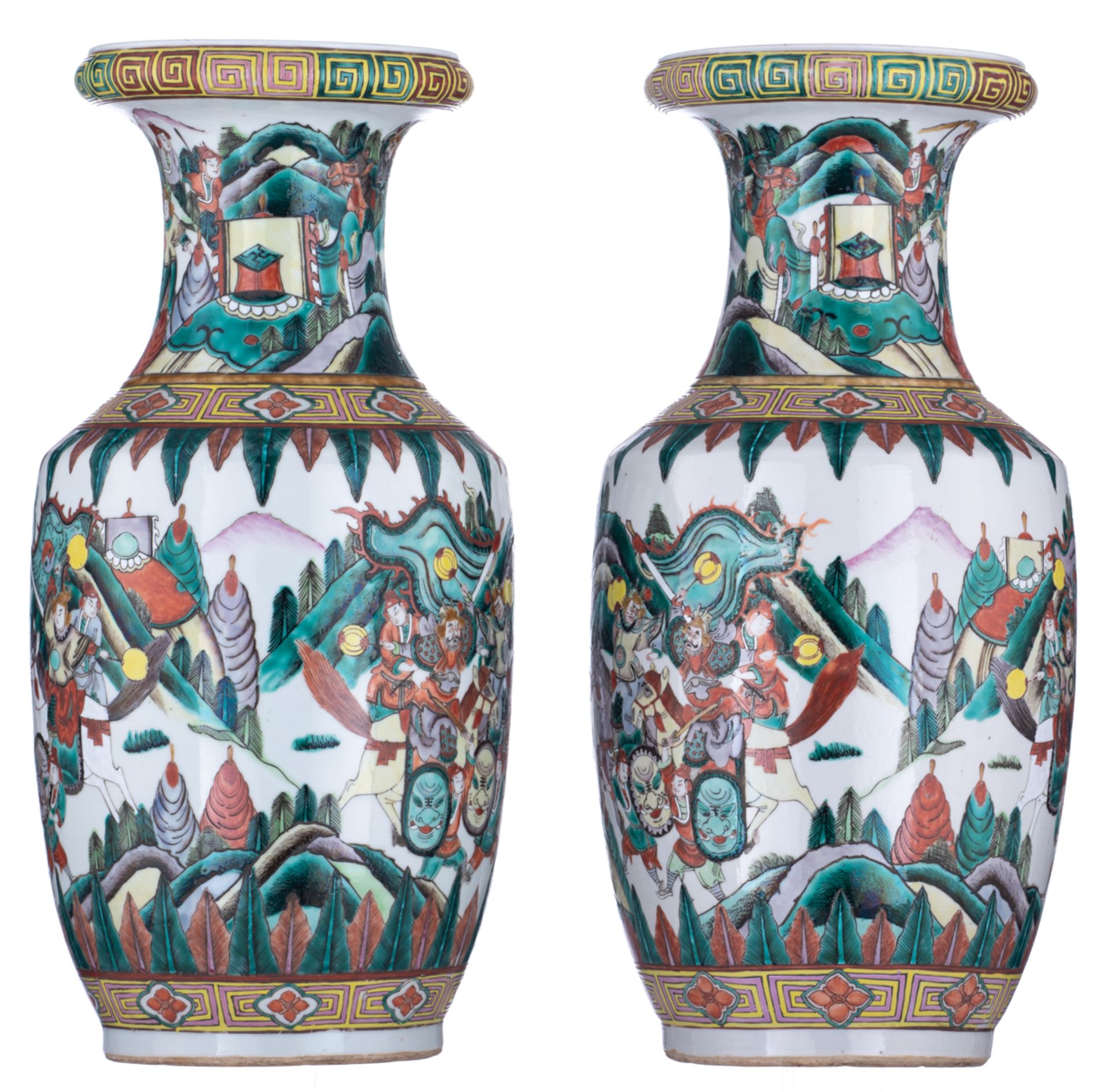 A pair of Chinese famille verte vases, decorated with a scene from 'The Romance of the Three Kingdom - Image 3 of 6